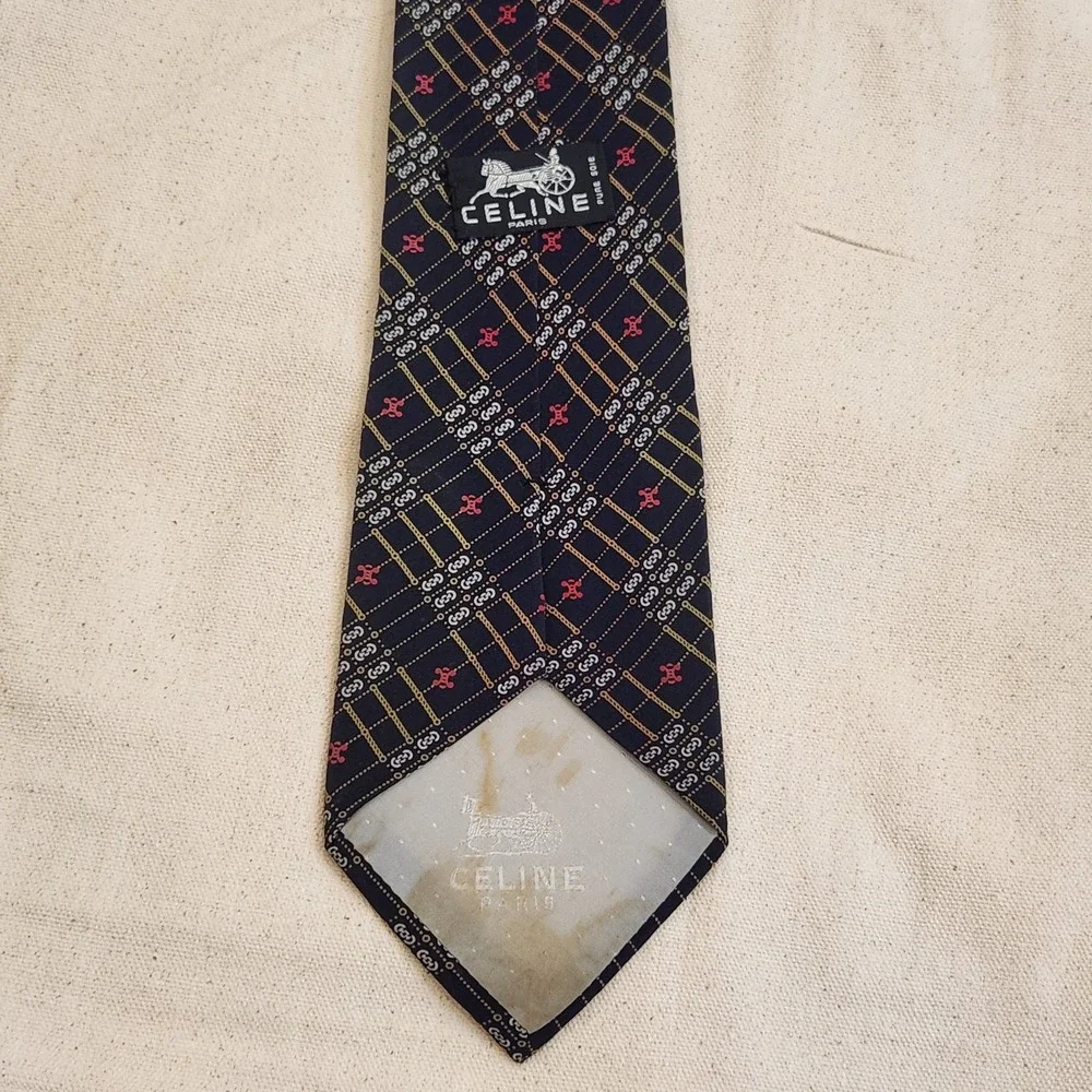 Vintage Celine Paris Silk Tie Navy Blue with Gold Chain & Sulky Horse Emblem